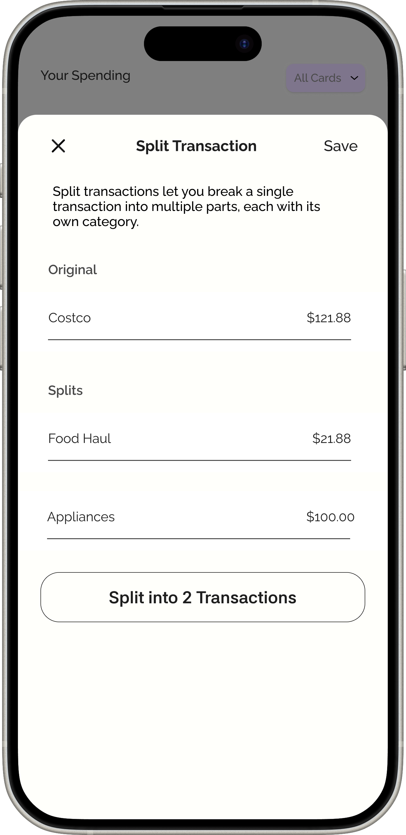 Split Transactions screen